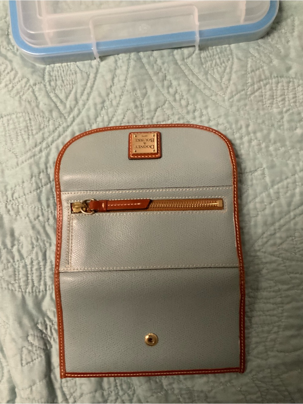 Dooney & Bourke Grey/Blue wallet with Brown Trim and Gold Hardware - Picture 4 of 5